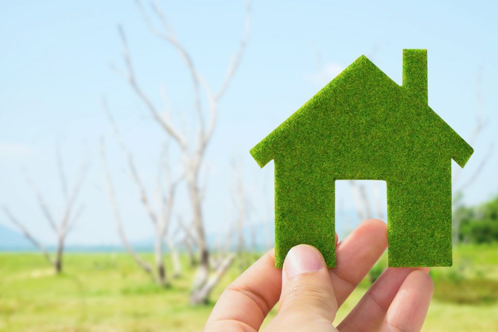 Hand holding green house icon